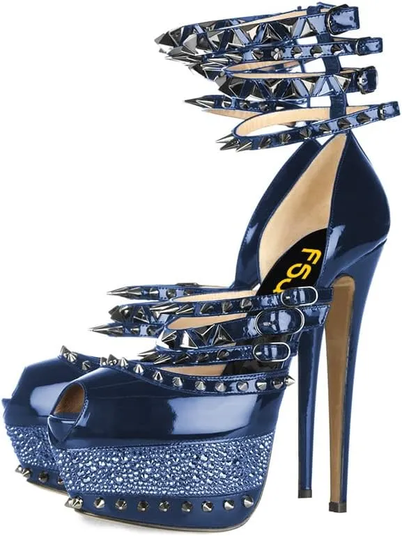 FSJ Women Sexy Studded Rivets Glossy Peep Toe Platform Sandals Stiletto Ultra High Heel Ankle Strap Party Prom Evening Dress Ladies Shoes Size 4-15 US