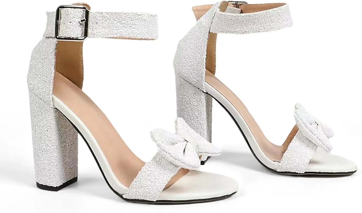 GATUXUS Women's Chunky High Heels Sandals Glitter Bow Open Toe Ankle Strap Block Heel Dress Shoes