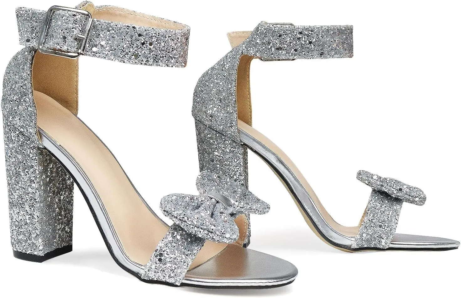 GATUXUS Women's Chunky High Heels Sandals Glitter Bow Open Toe Ankle Strap Block Heel Dress Shoes