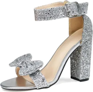 GATUXUS Women's Chunky High Heels Sandals Glitter Bow Open Toe Ankle Strap Block Heel Dress Shoes