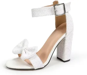 GATUXUS Women's Chunky High Heels Sandals Glitter Bow Open Toe Ankle Strap Block Heel Dress Shoes