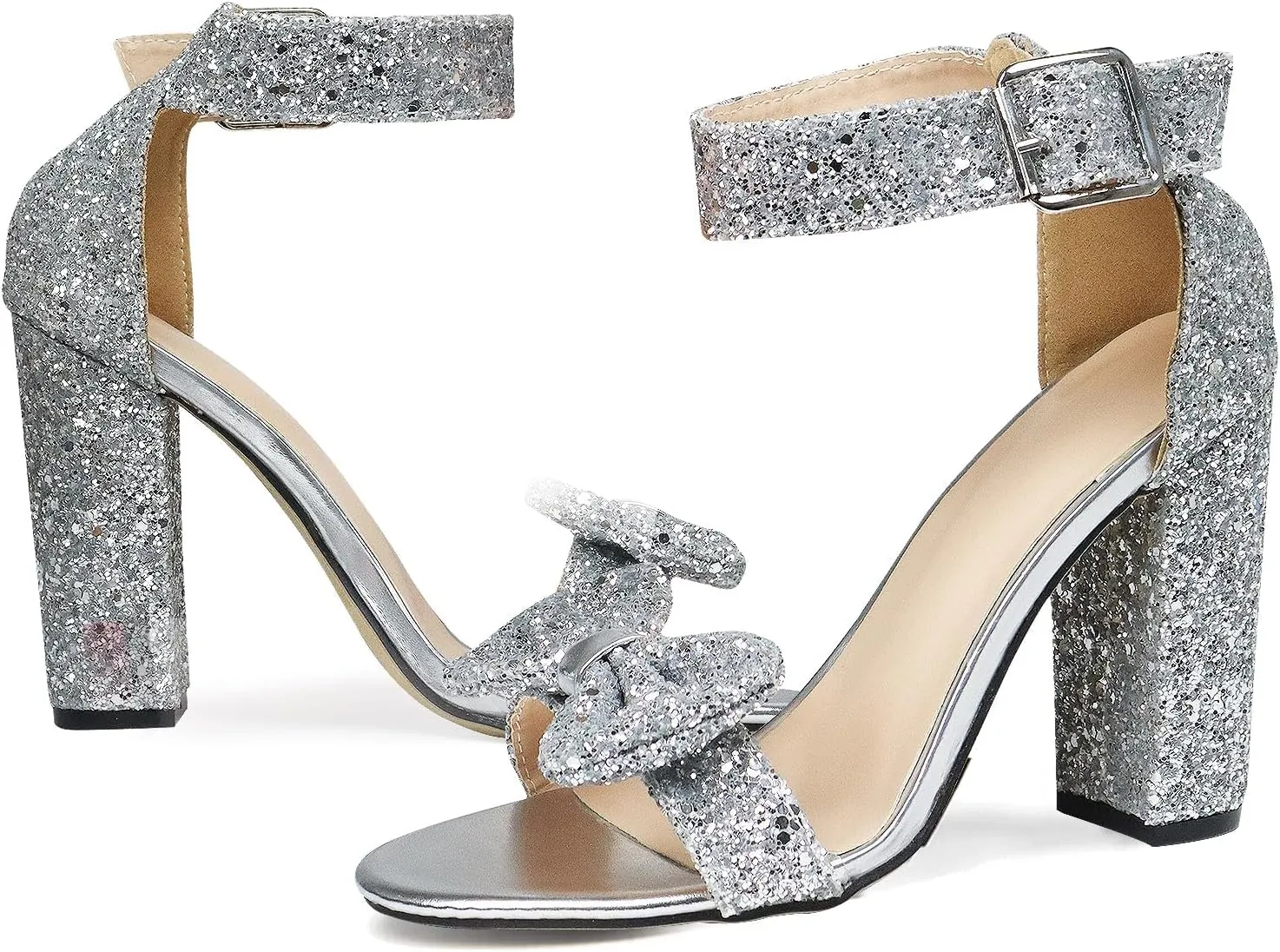 GATUXUS Women's Chunky High Heels Sandals Glitter Bow Open Toe Ankle Strap Block Heel Dress Shoes