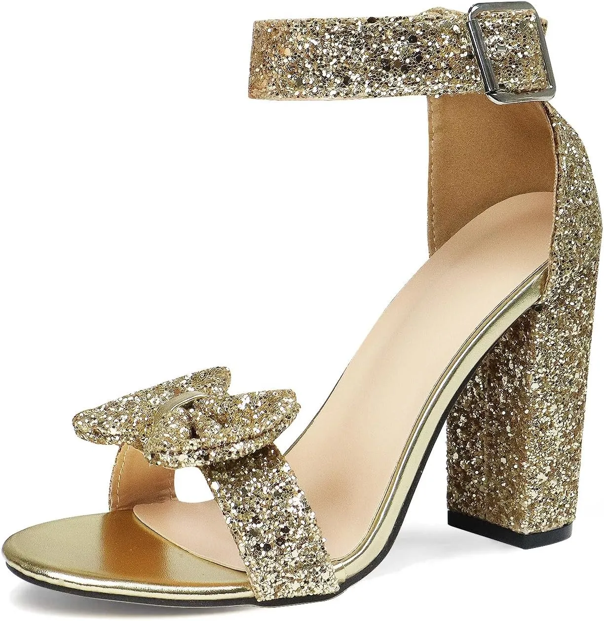 GATUXUS Women's Chunky High Heels Sandals Glitter Bow Open Toe Ankle Strap Block Heel Dress Shoes