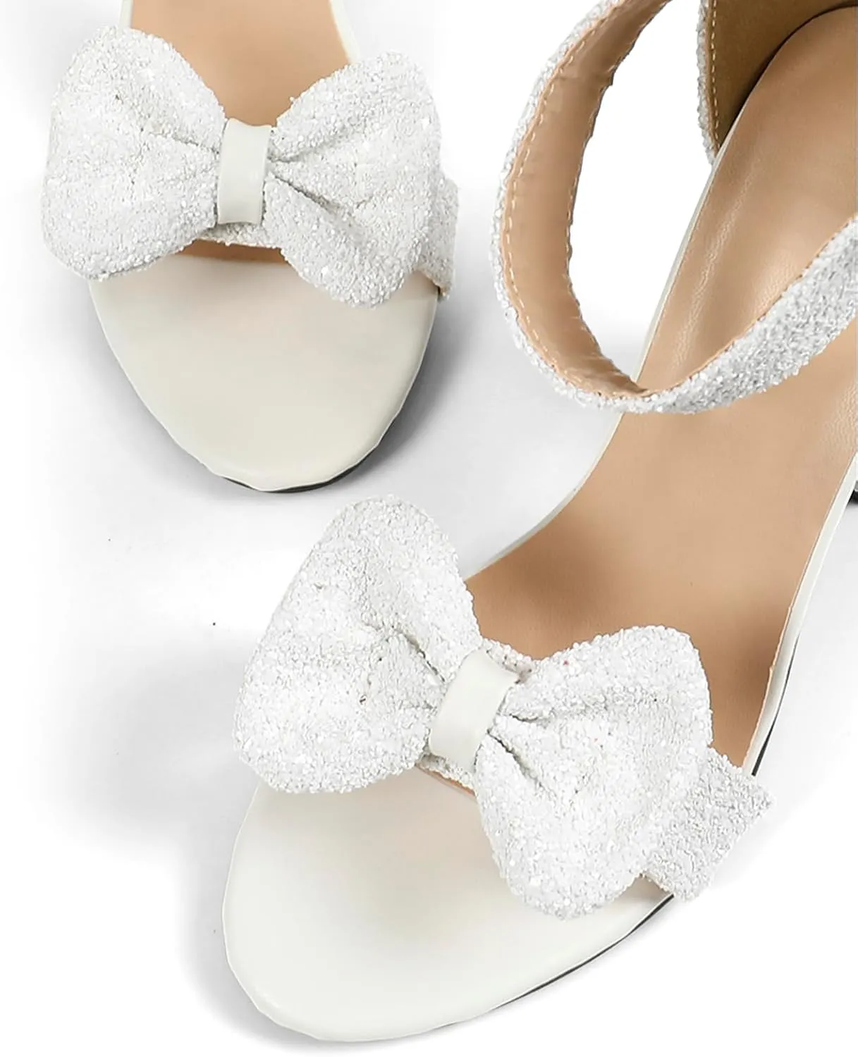 GATUXUS Women's Chunky High Heels Sandals Glitter Bow Open Toe Ankle Strap Block Heel Dress Shoes