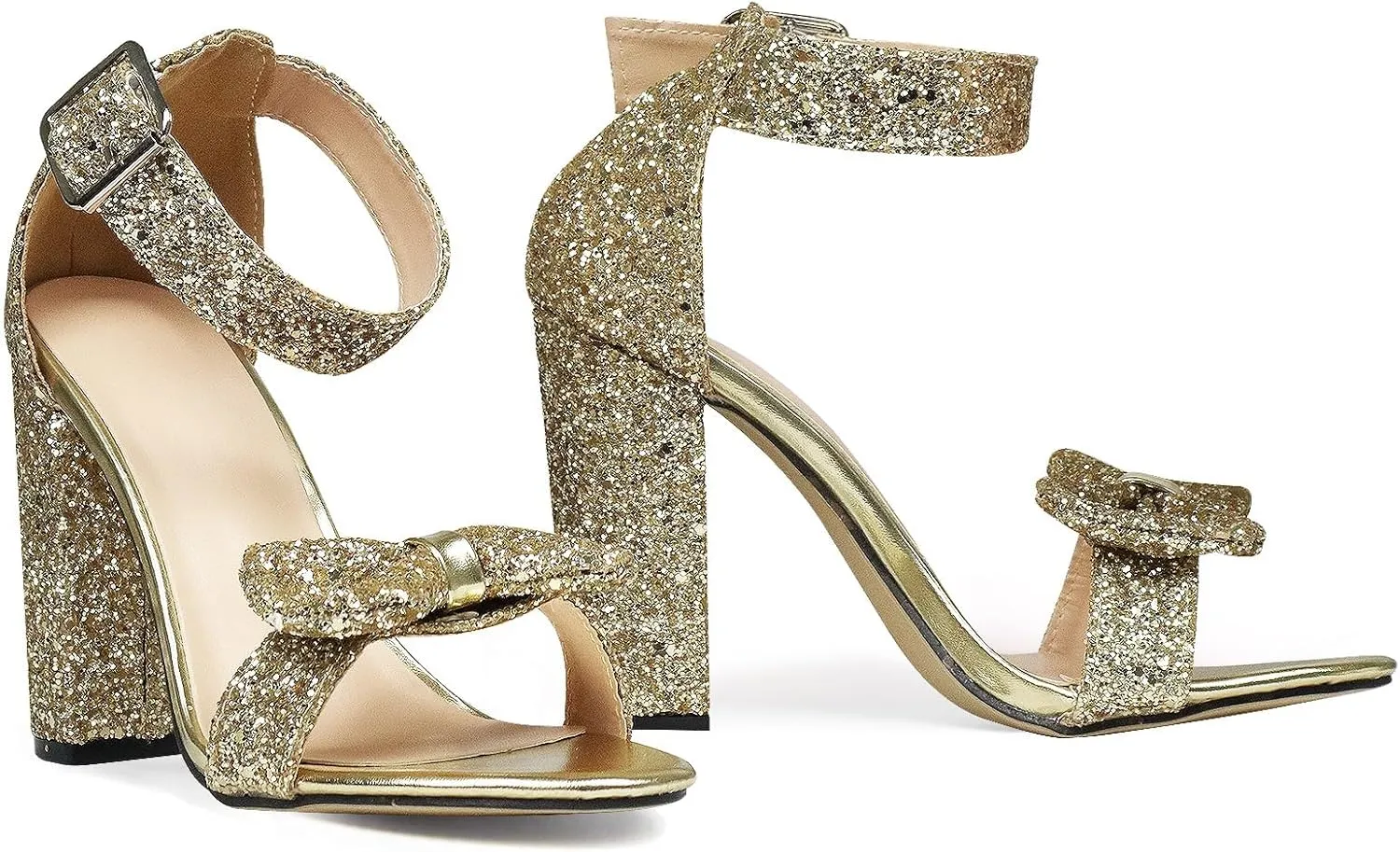 GATUXUS Women's Chunky High Heels Sandals Glitter Bow Open Toe Ankle Strap Block Heel Dress Shoes