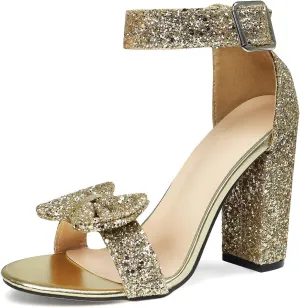 GATUXUS Women's Chunky High Heels Sandals Glitter Bow Open Toe Ankle Strap Block Heel Dress Shoes