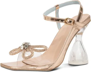 GATUXUS Women's Crystal High Heels Sandals with Rhinestone Bow Square Toe Ankle Strap Wine Glasses Heel Wedding Shoes