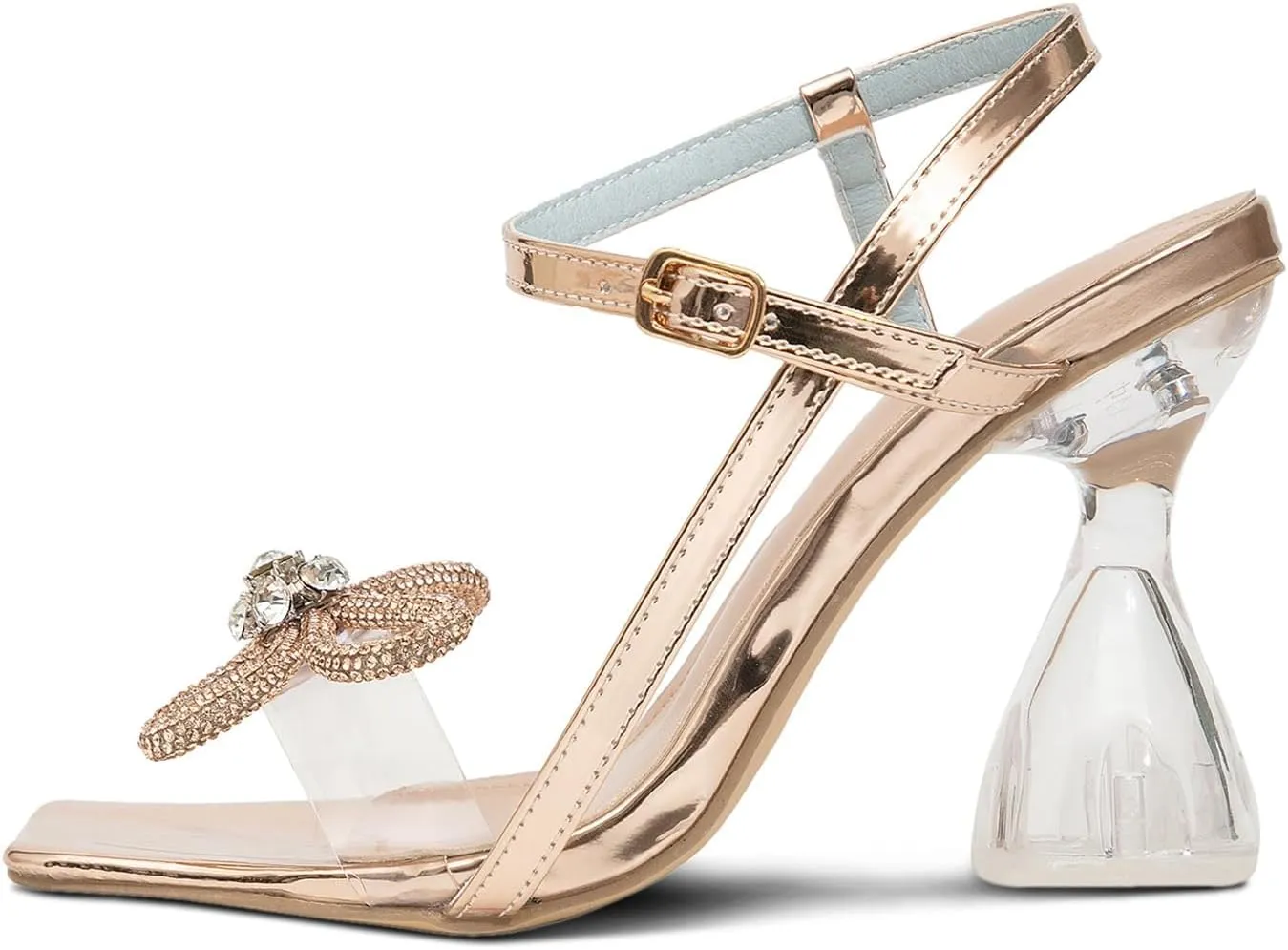 GATUXUS Women's Crystal High Heels Sandals with Rhinestone Bow Square Toe Ankle Strap Wine Glasses Heel Wedding Shoes