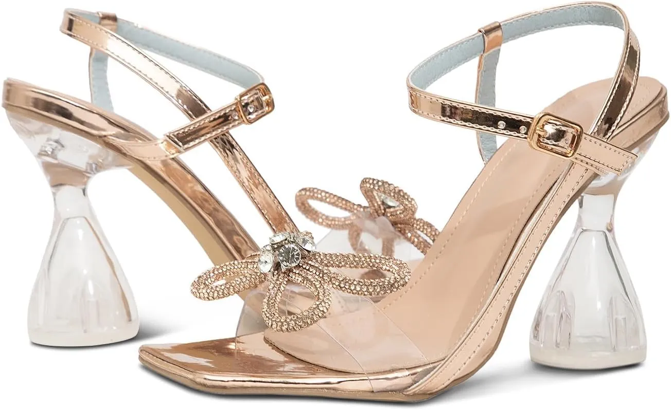 GATUXUS Women's Crystal High Heels Sandals with Rhinestone Bow Square Toe Ankle Strap Wine Glasses Heel Wedding Shoes