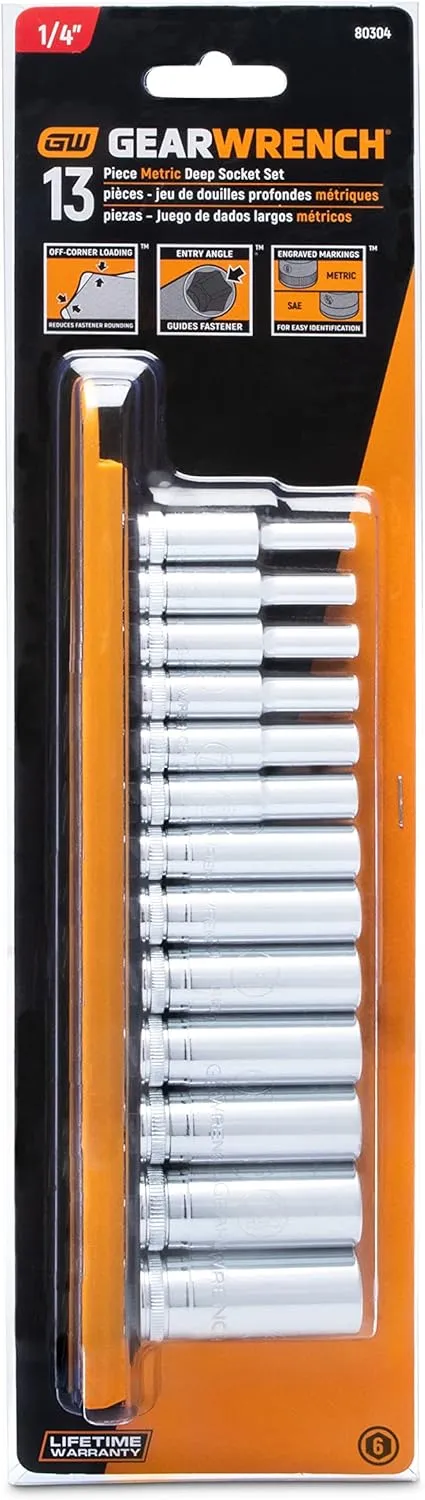 GEARWRENCH 13 Pc. 1/4" Drive 6 Pt. Socket Set, Deep, Metric - 80304