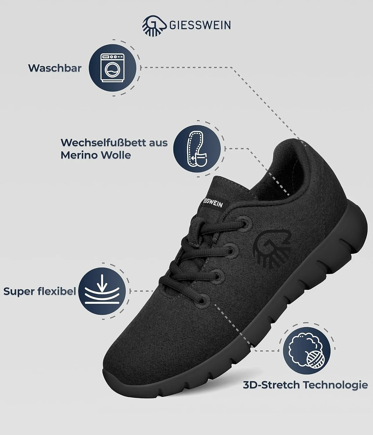 GIESSWEIN Merino Runners Men - Breathable Merino Wool 3D Stretch Sneakers, Lightweight Men's Casual Shoes with Replaceable Footbed