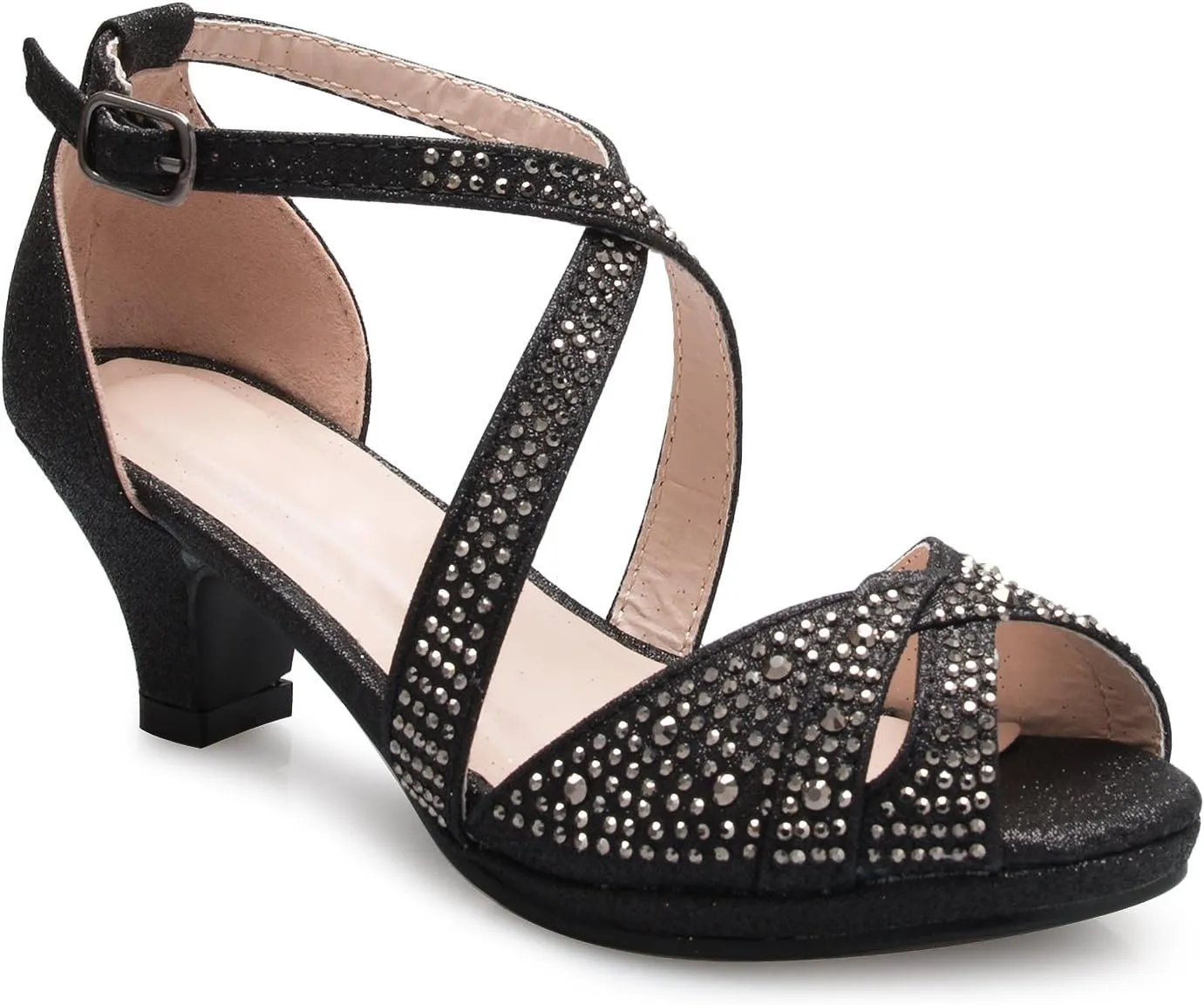 Girl's Cute Adorable Strappy Glitter Open Toe Heel Sandals - Adjustable Buckle, BLACK 4