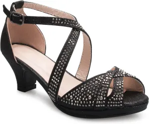 Girl's Cute Adorable Strappy Glitter Open Toe Heel Sandals - Adjustable Buckle, BLACK 4