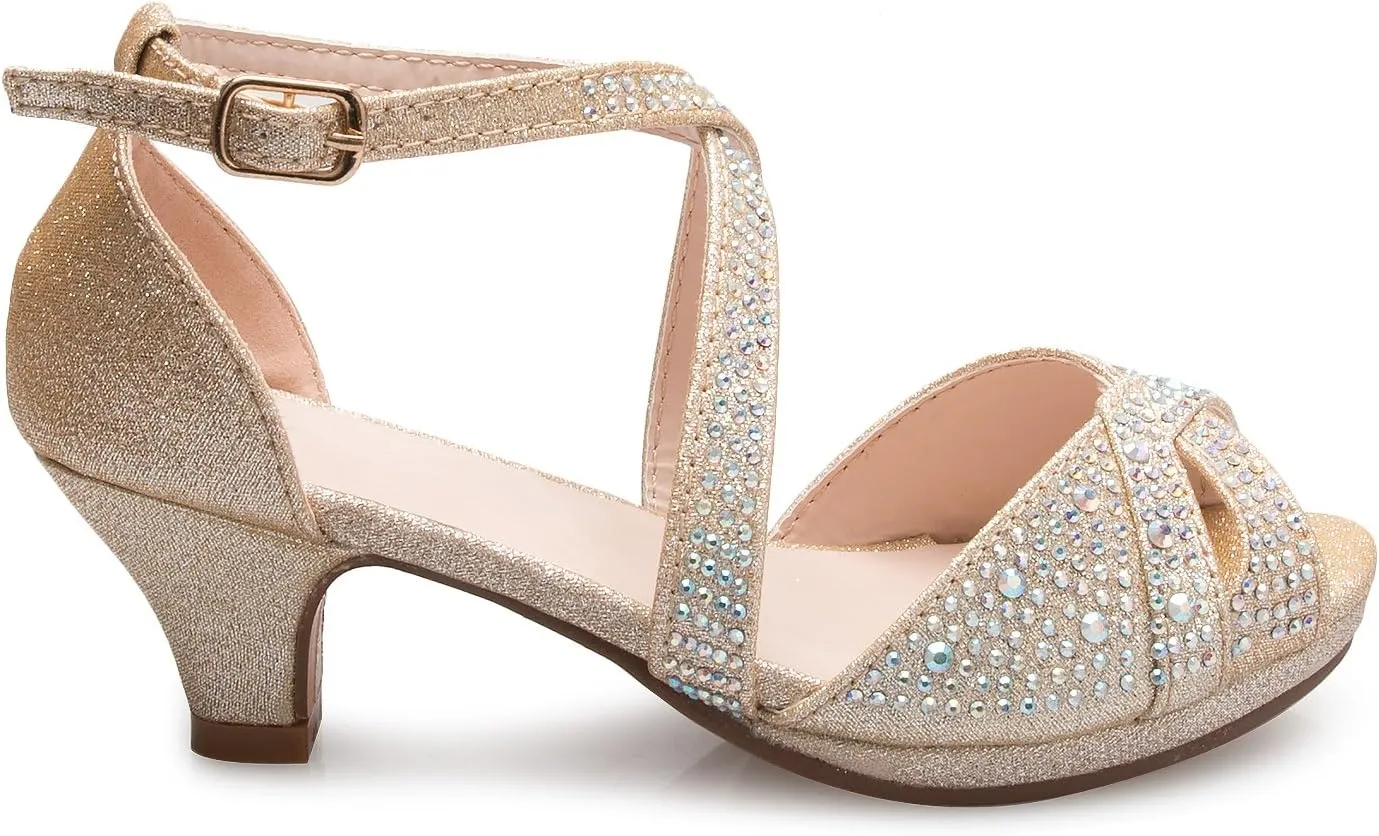 Girl's Cute Adorable Strappy Glitter Open Toe Heel Sandals - Adjustable buckle