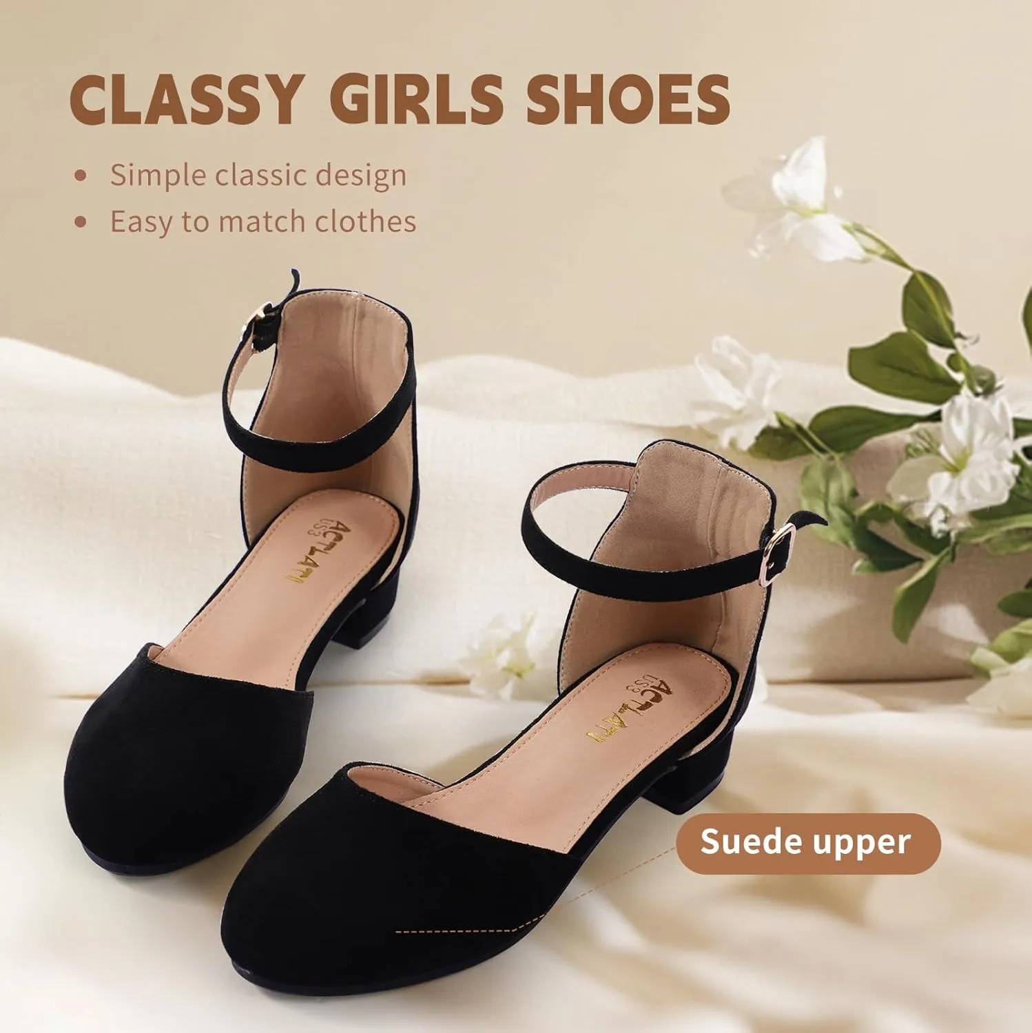 Girls Heels Closed Toe Chunky Sandals Formal Dress Shoes Flower Girl Ankle Strap Pointed Toe Heeled Little Big Kid Wedding Party School Pump Shoes