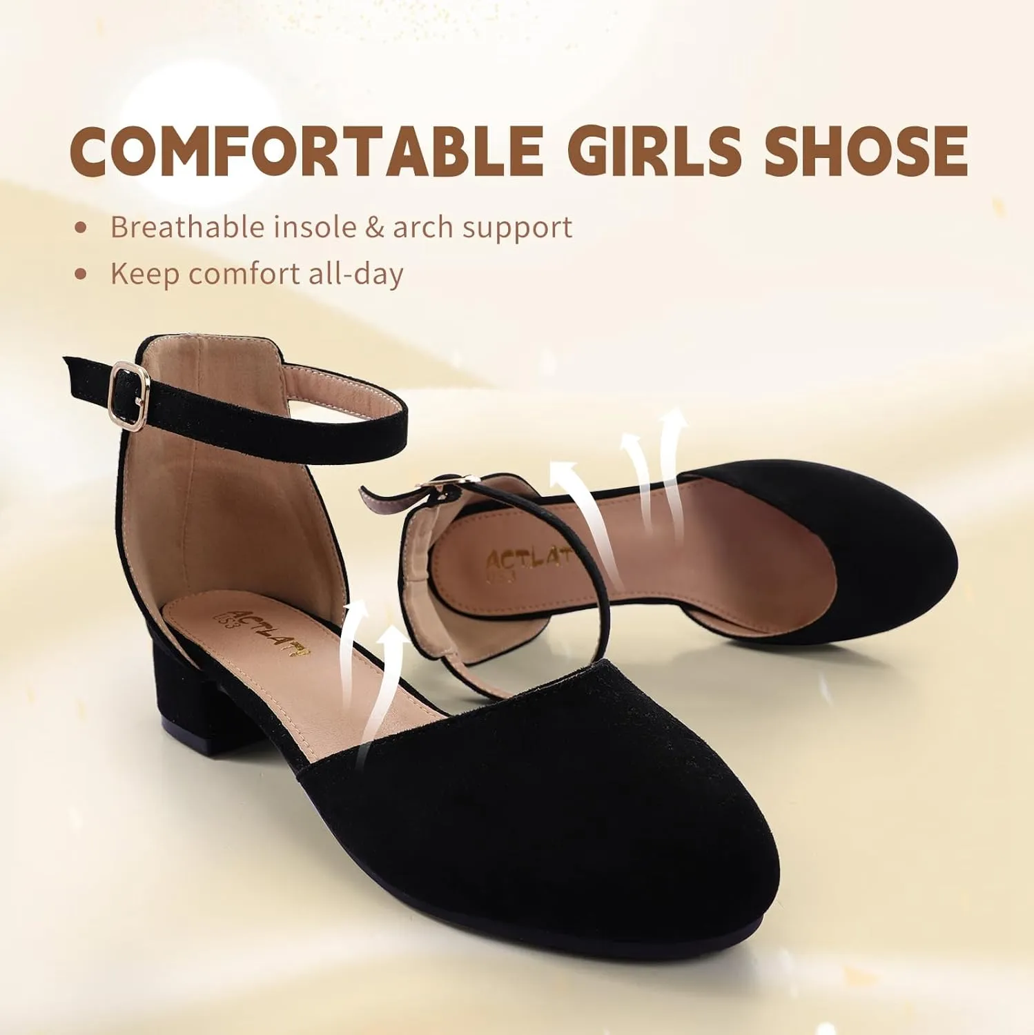 Girls Heels Closed Toe Chunky Sandals Formal Dress Shoes Flower Girl Ankle Strap Pointed Toe Heeled Little Big Kid Wedding Party School Pump Shoes