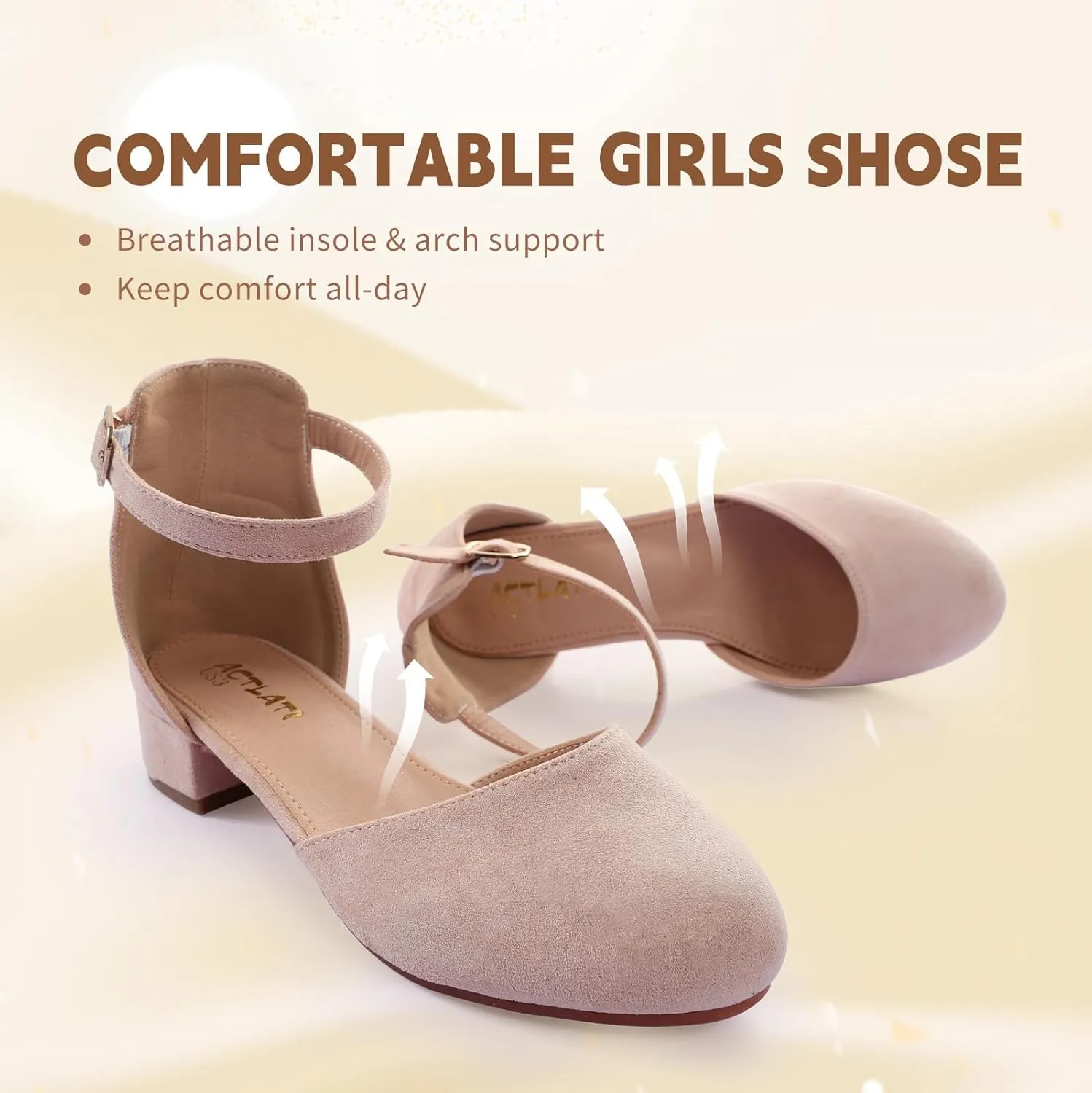 Girls Heels Closed Toe Chunky Sandals Formal Dress Shoes Flower Girl Ankle Strap Pointed Toe Heeled Little Big Kid Wedding Party School Pump Shoes