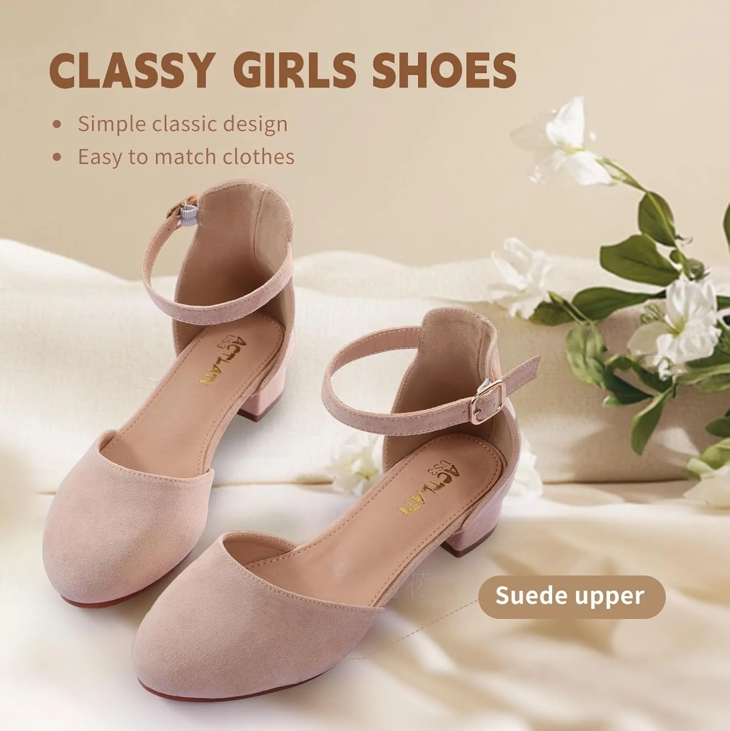 Girls Heels Closed Toe Chunky Sandals Formal Dress Shoes Flower Girl Ankle Strap Pointed Toe Heeled Little Big Kid Wedding Party School Pump Shoes