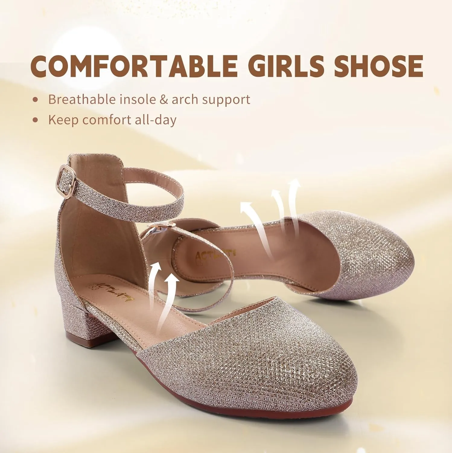 Girls Heels Closed Toe Chunky Sandals Formal Dress Shoes Flower Girl Ankle Strap Pointed Toe Heeled Little Big Kid Wedding Party School Pump Shoes