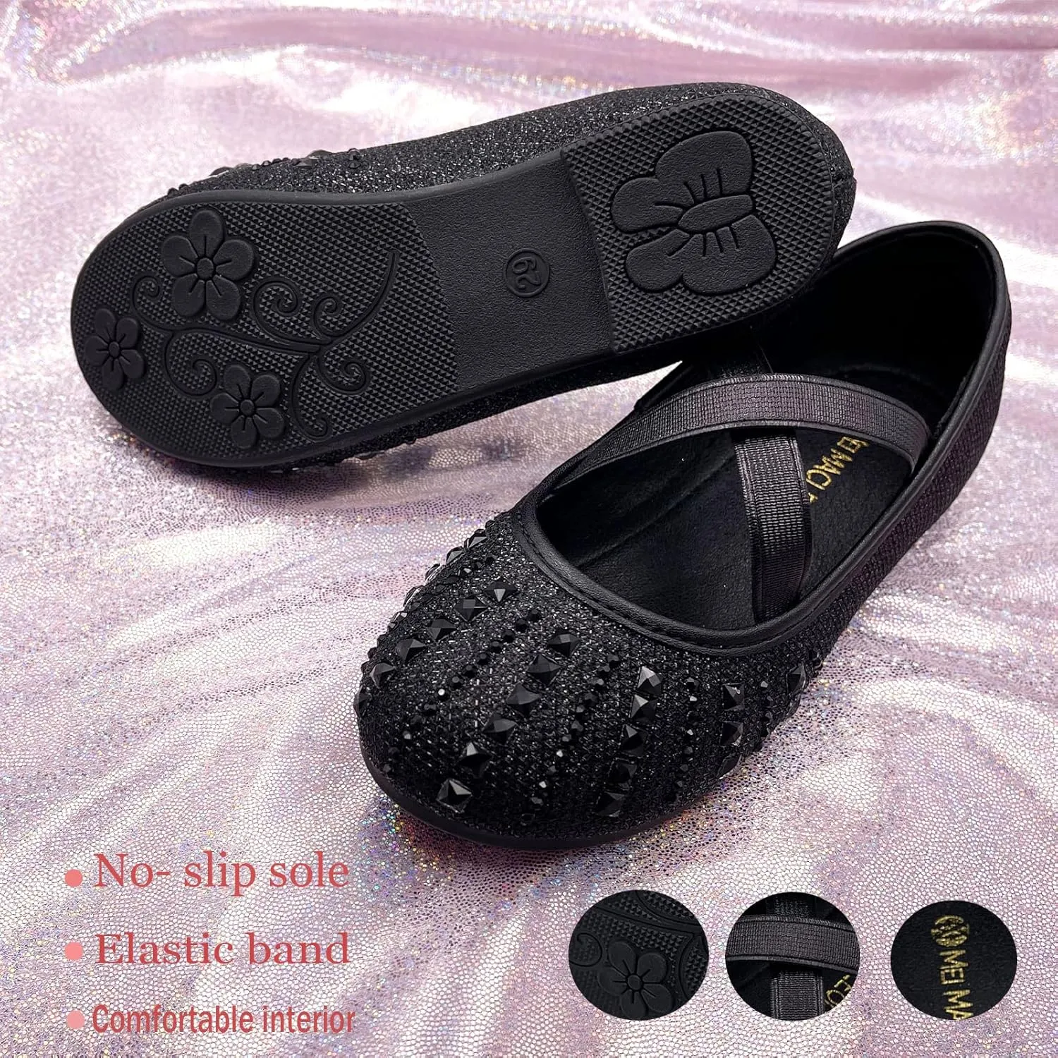 Girls Mary Jane Dress Shoes Rhinestone Dress Shoes Slip On Girl Ballet Flats for Wedding Party, Christmas（Little Kid/Big Kid）