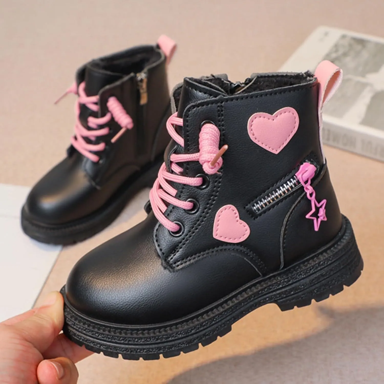 Girls Winter Boots With Soft Sole, Side Zip, Heart Design - Fashion Princess Combat Leather Boots
