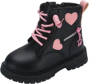 Girls Winter Boots With Soft Sole, Side Zip, Heart Design - Fashion Princess Combat Leather Boots
