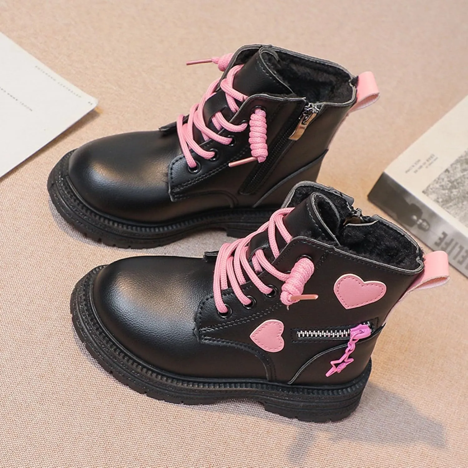 Girls Winter Boots With Soft Sole, Side Zip, Heart Design - Fashion Princess Combat Leather Boots