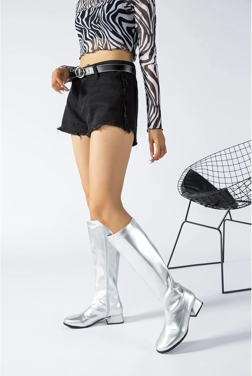 Gogo Boots For Women Square Toe Chunky Knee High Boots Side Zipper Boot Disco Costumes Dress Party Boots