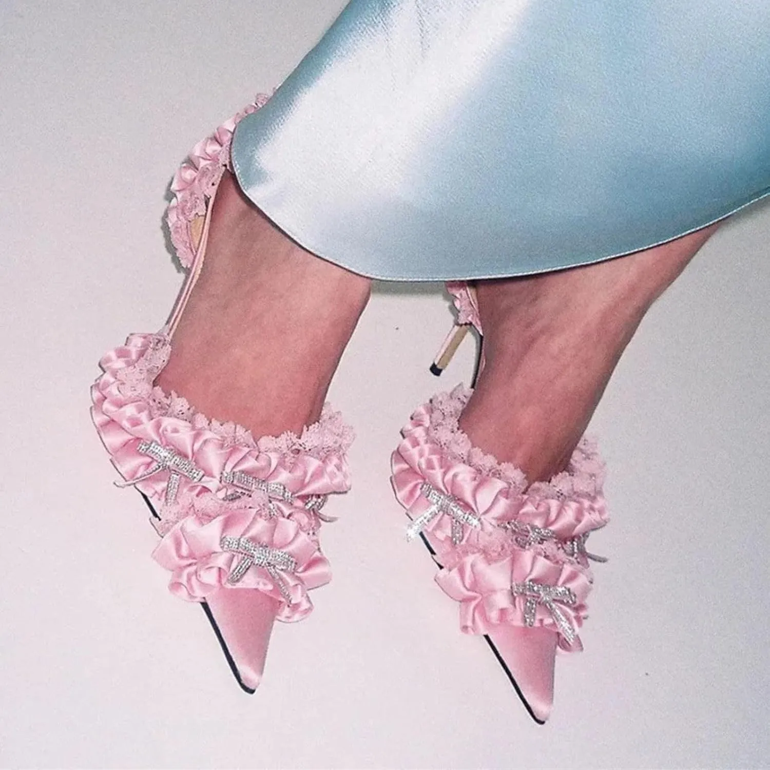 Goolita Bow Crystal-Embellished Slingback Heels For Women, Sexy Pointed Toe Stiletto High Heeled Sandals Ruffled Slip On Party Evening Pumps Shoes