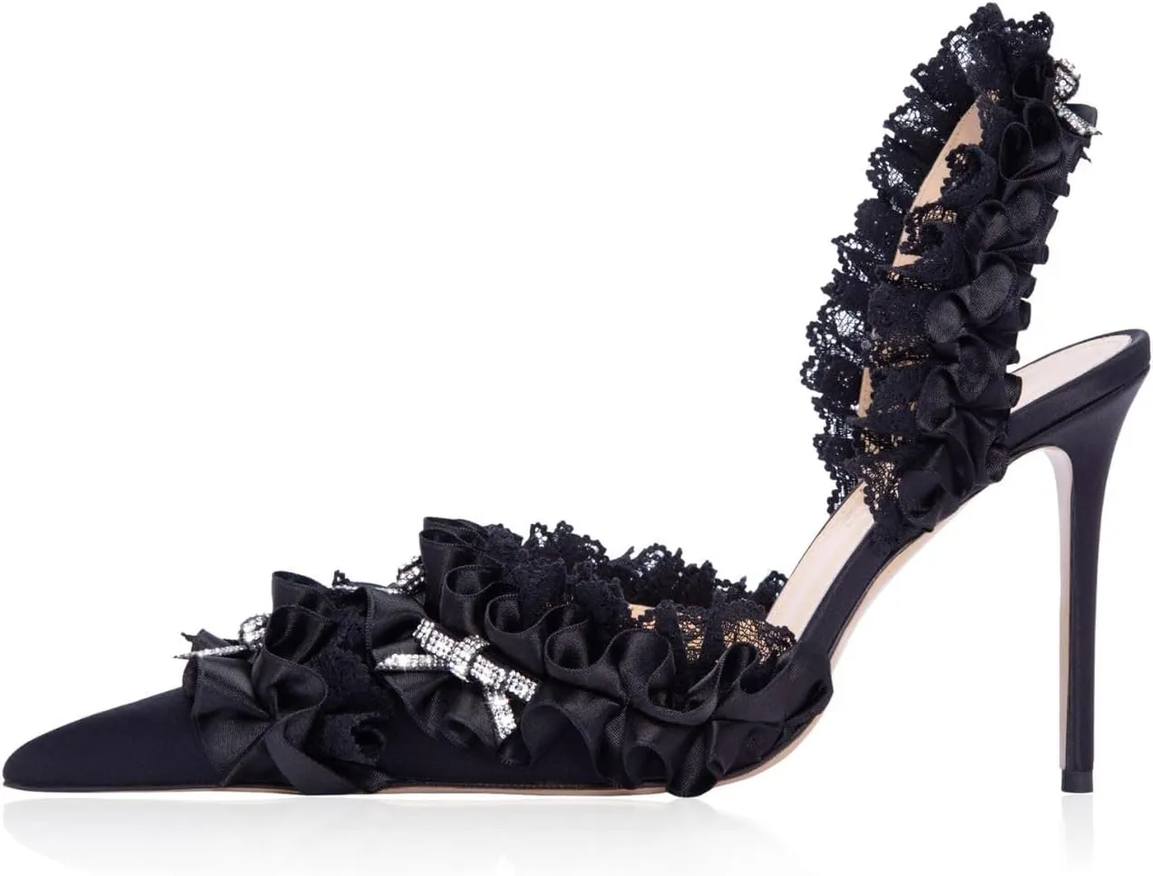 Goolita Bow Crystal-Embellished Slingback Heels For Women, Sexy Pointed Toe Stiletto High Heeled Sandals Ruffled Slip On Party Evening Pumps Shoes