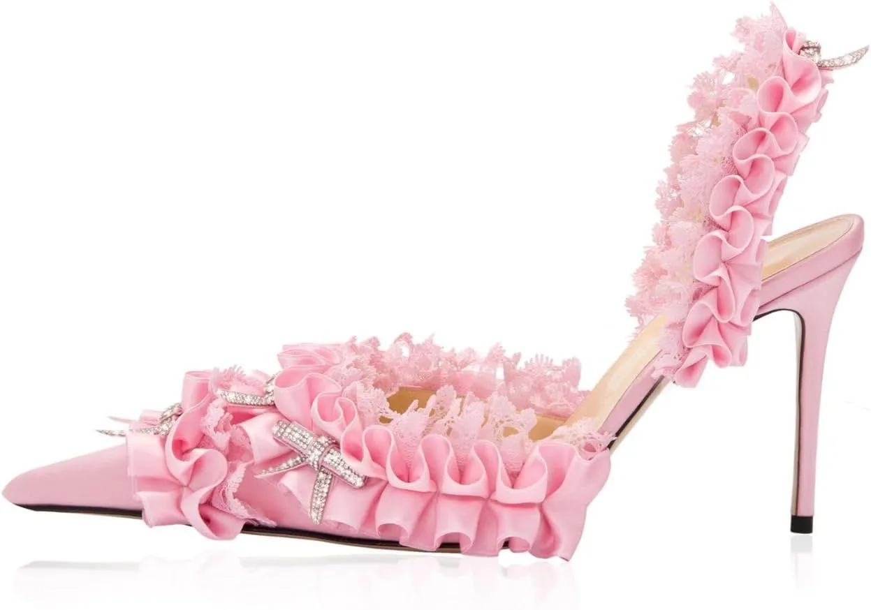 Goolita Bow Crystal-Embellished Slingback Heels For Women, Sexy Pointed Toe Stiletto High Heeled Sandals Ruffled Slip On Party Evening Pumps Shoes