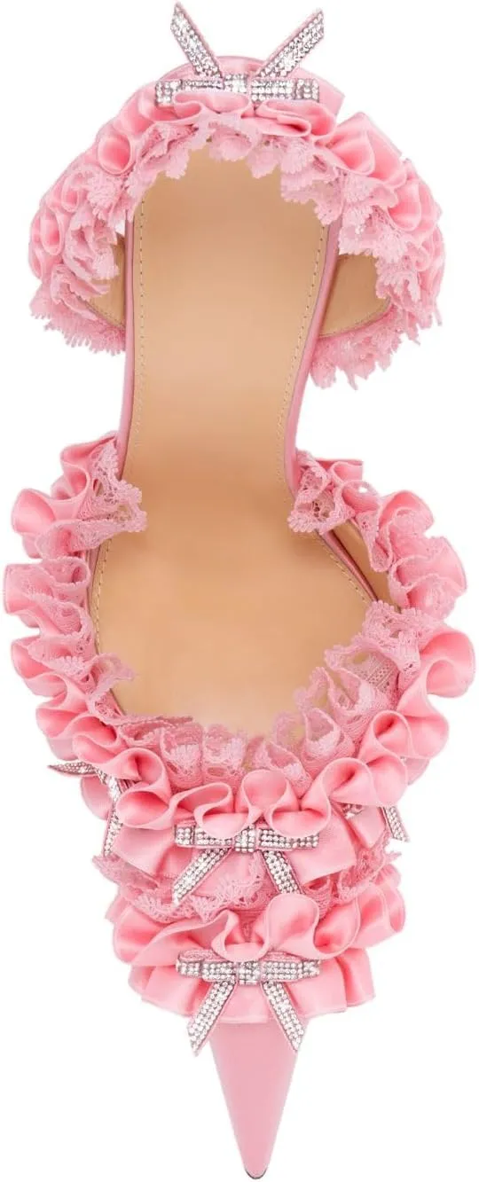 Goolita Bow Crystal-Embellished Slingback Heels For Women, Sexy Pointed Toe Stiletto High Heeled Sandals Ruffled Slip On Party Evening Pumps Shoes