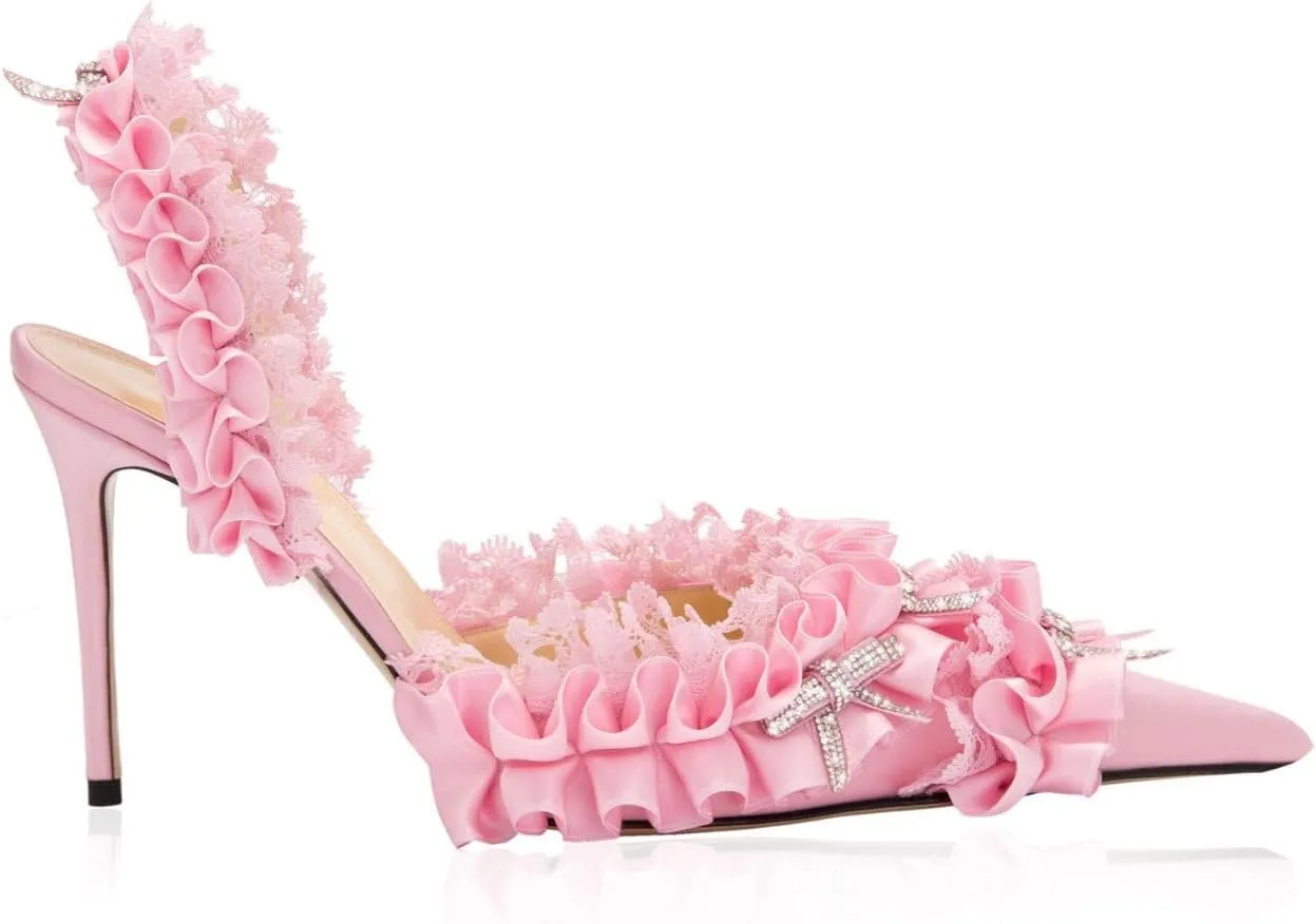 Goolita Bow Crystal-Embellished Slingback Heels For Women, Sexy Pointed Toe Stiletto High Heeled Sandals Ruffled Slip On Party Evening Pumps Shoes