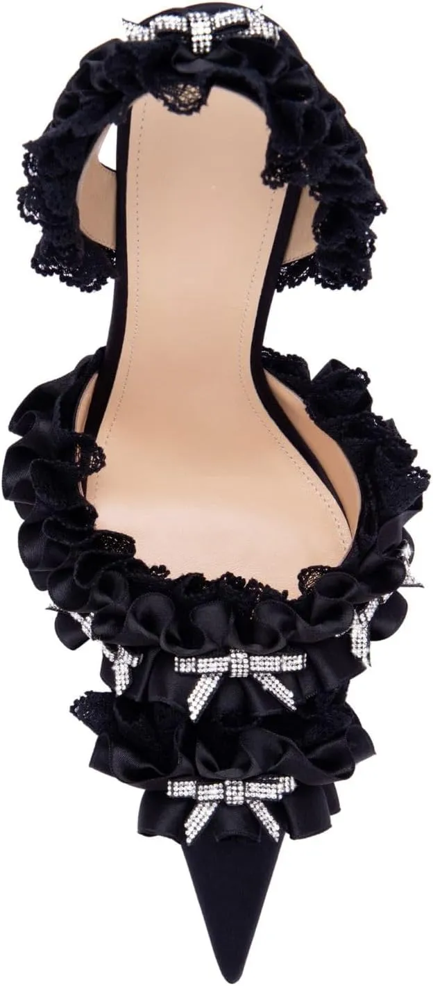 Goolita Bow Crystal-Embellished Slingback Heels For Women, Sexy Pointed Toe Stiletto High Heeled Sandals Ruffled Slip On Party Evening Pumps Shoes