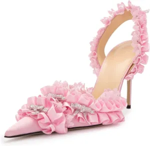 Goolita Bow Crystal-Embellished Slingback Heels For Women, Sexy Pointed Toe Stiletto High Heeled Sandals Ruffled Slip On Party Evening Pumps Shoes