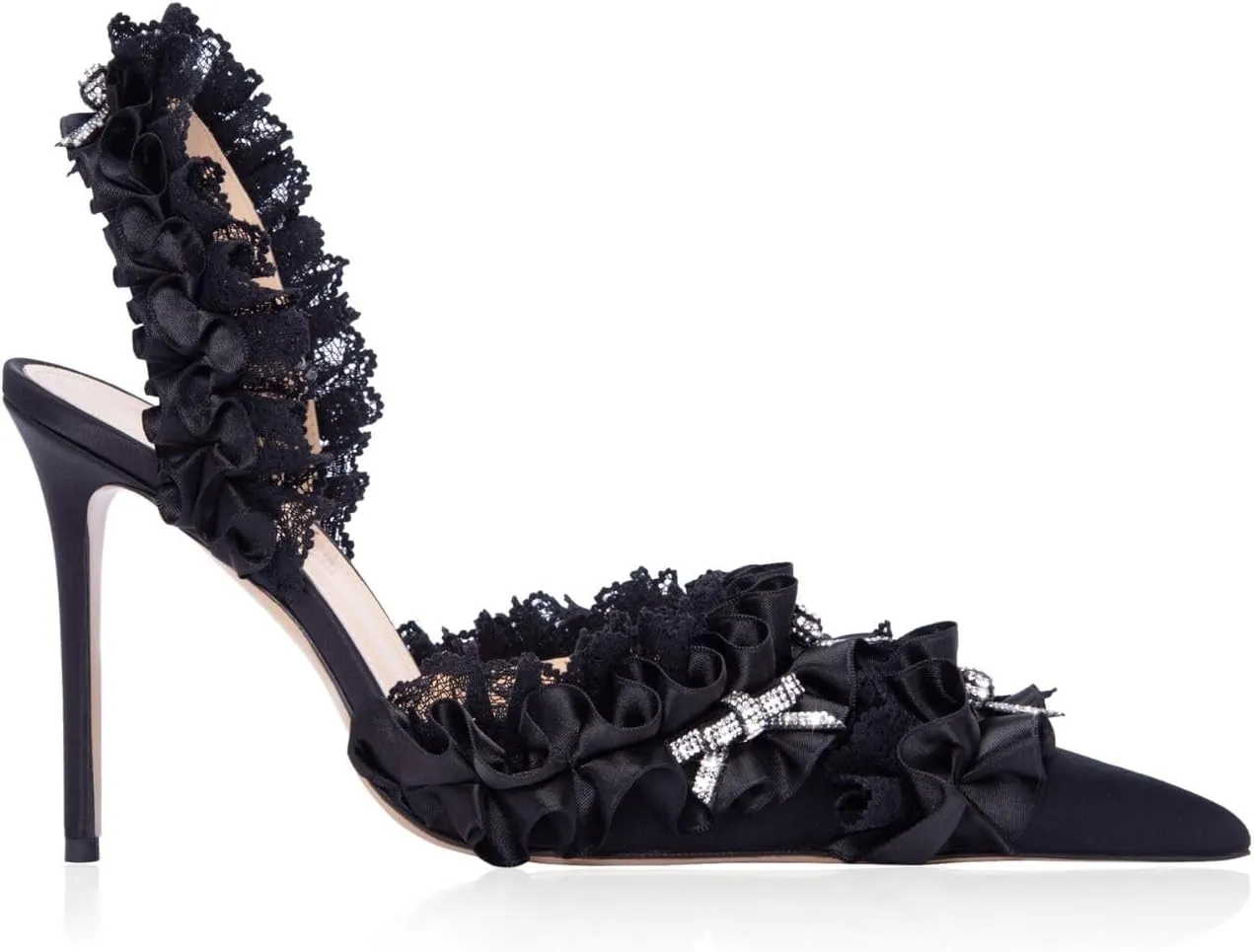Goolita Bow Crystal-Embellished Slingback Heels For Women, Sexy Pointed Toe Stiletto High Heeled Sandals Ruffled Slip On Party Evening Pumps Shoes