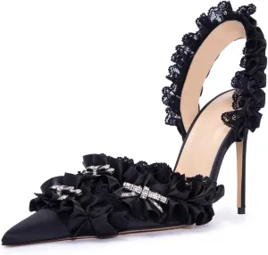 Goolita Bow Crystal-Embellished Slingback Heels For Women, Sexy Pointed Toe Stiletto High Heeled Sandals Ruffled Slip On Party Evening Pumps Shoes