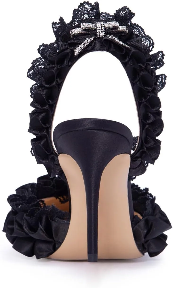 Goolita Bow Crystal-Embellished Slingback Heels For Women, Sexy Pointed Toe Stiletto High Heeled Sandals Ruffled Slip On Party Evening Pumps Shoes