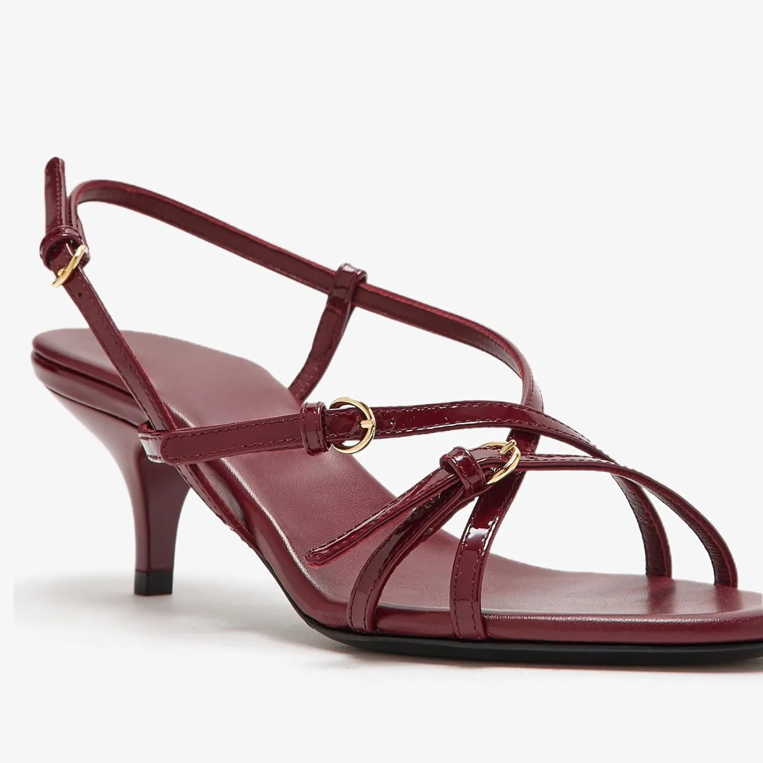 Goolita Women's Buckle Burgundy Heeled Sandals Open Toe Patent Leather Strappy Heels Sandals Cherry Kitten Heels Ankle Strap Sandals For Women