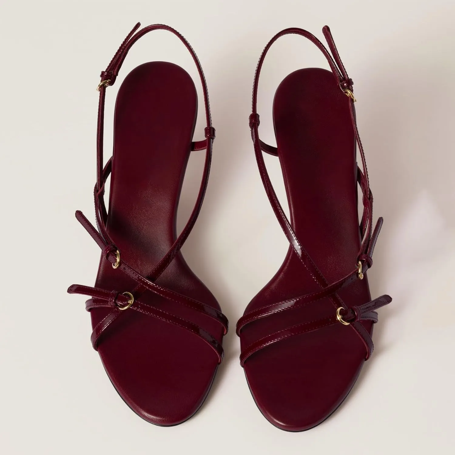 Goolita Women's Buckle Burgundy Heeled Sandals Open Toe Patent Leather Strappy Heels Sandals Cherry Kitten Heels Ankle Strap Sandals For Women