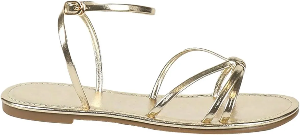 GORGLITTER Women's Metallic Strappy Ankle Strap Flat Sandals Open Toe Vacation Sandals Shoes