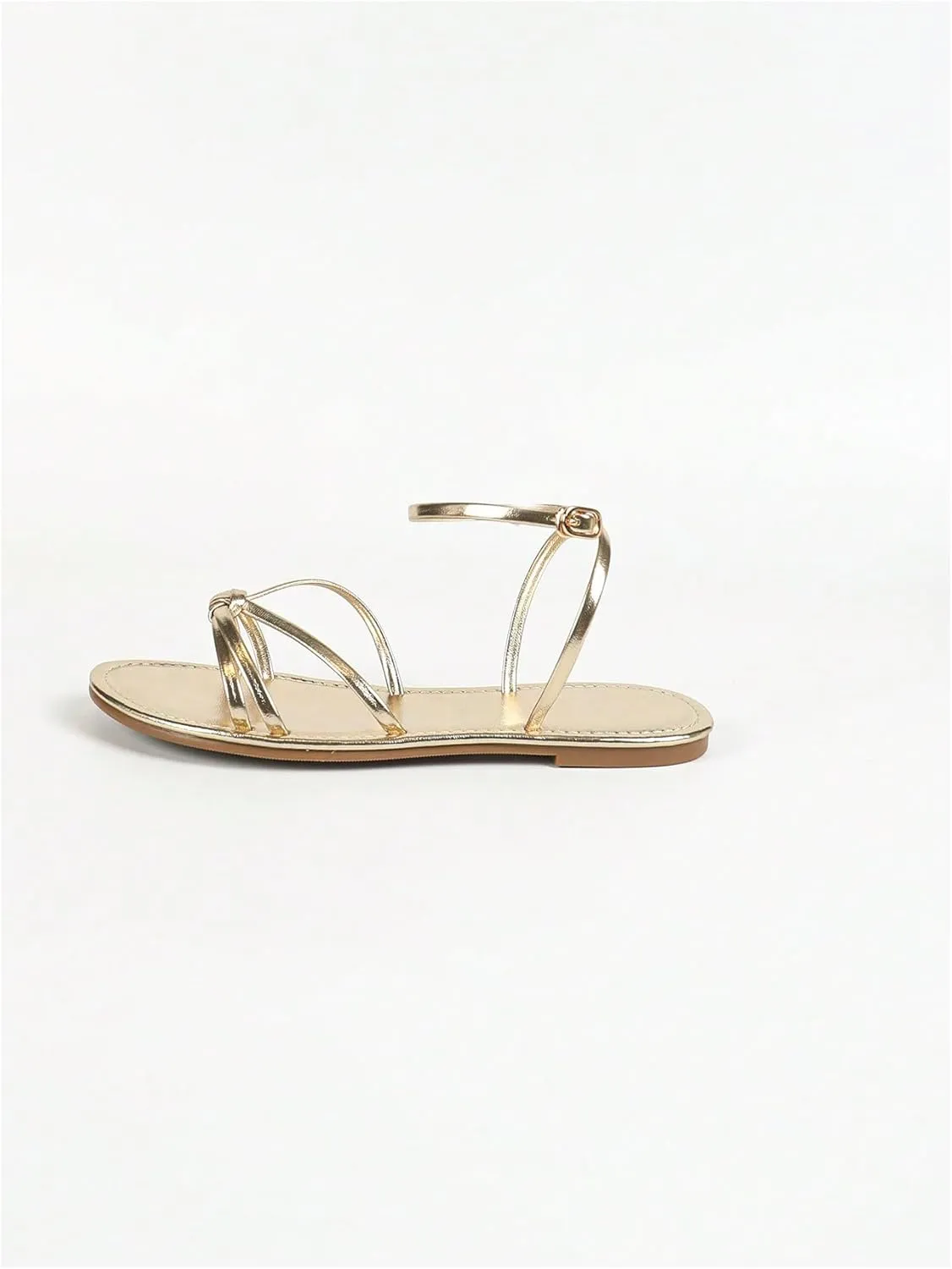 GORGLITTER Women's Metallic Strappy Ankle Strap Flat Sandals Open Toe Vacation Sandals Shoes