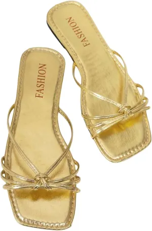 GORGLITTER Women's Metallic Strappy Flat Sandals 2025 Dressy Summer Square Toe Slip on Slides