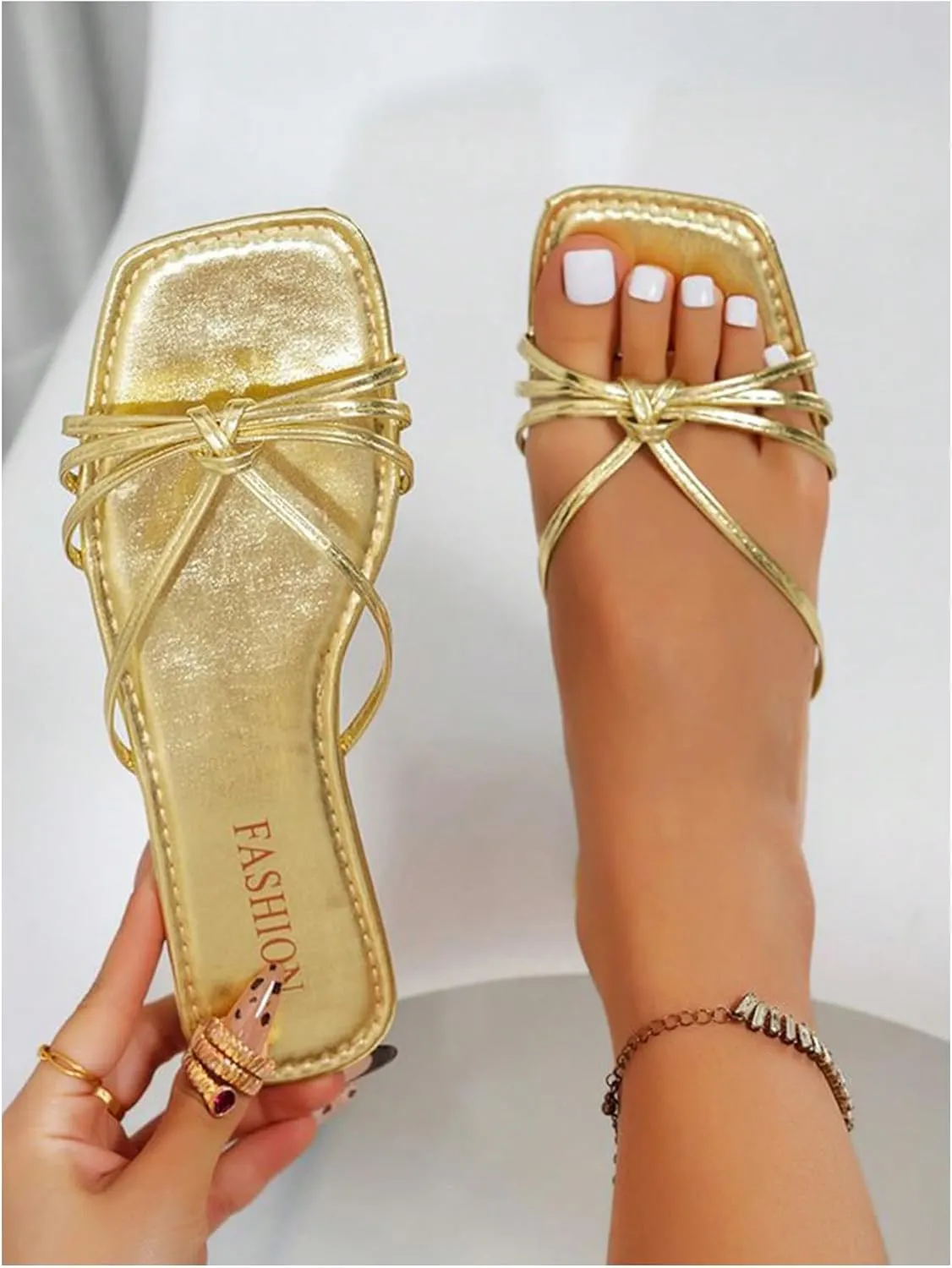GORGLITTER Women's Metallic Strappy Flat Sandals 2025 Dressy Summer Square Toe Slip on Slides