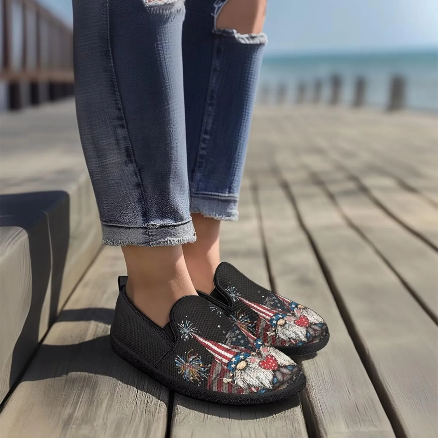 GOSTONG Women's Mesh Flats Slip On Wide Toe Walking Shoes Lightweight Non Slip Casual Loafers Comfort Travel Shoes Black Sole Size 6-11