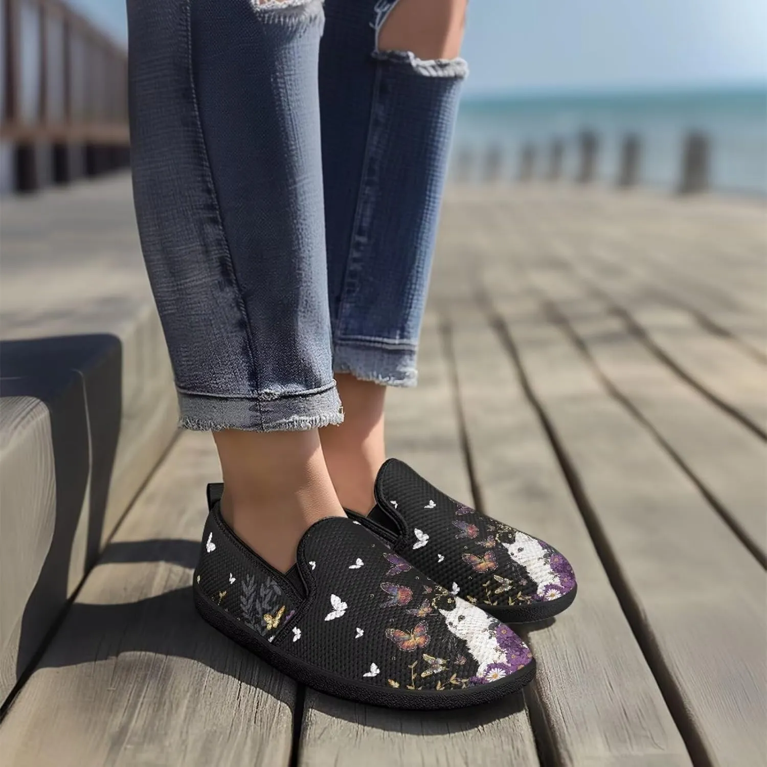 GOSTONG Women's Mesh Flats Slip On Wide Toe Walking Shoes Lightweight Non Slip Casual Loafers Comfort Travel Shoes Black Sole Size 6-11