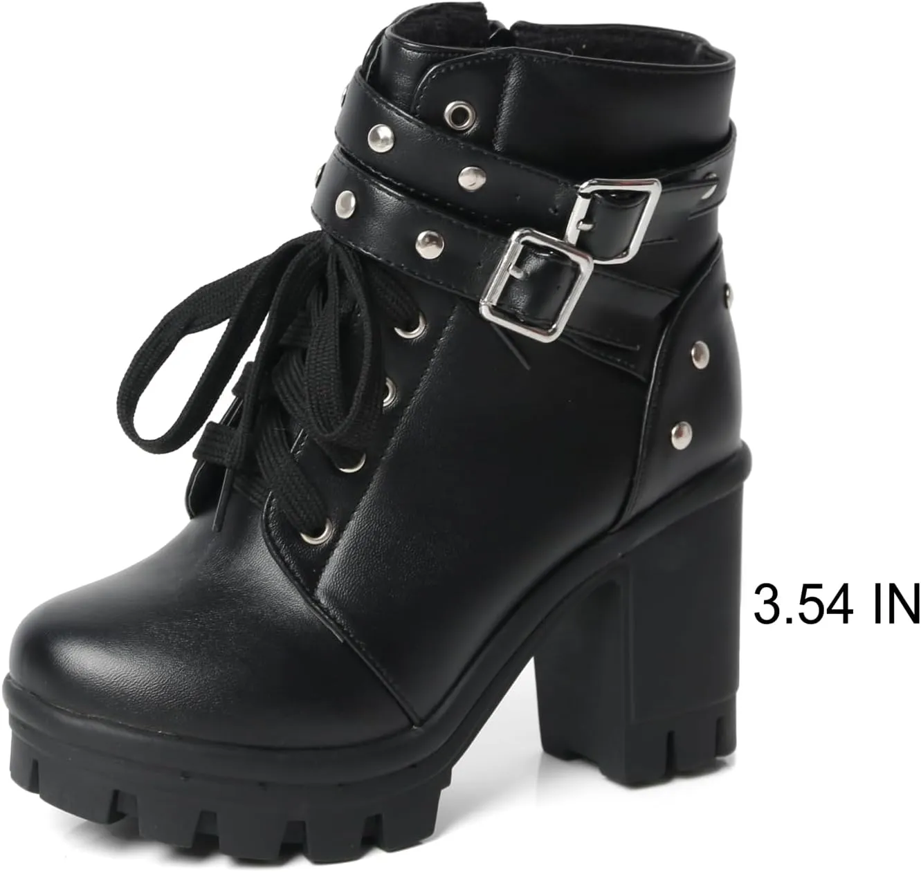 Goth Boots Chunky Heel Boot For Women Ankle Combat Booties Black Platform Bootie Buckle Rivets Punk Goth Shoes With Zipper