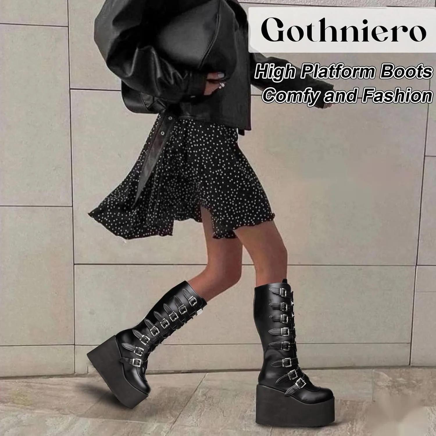 Gothniero High Platform Knee Boots Chunky Heel Wedge Black Boots For Women Combat Goth Punk Motorcycle Booties Zip up With Metal Buckles Size5-11