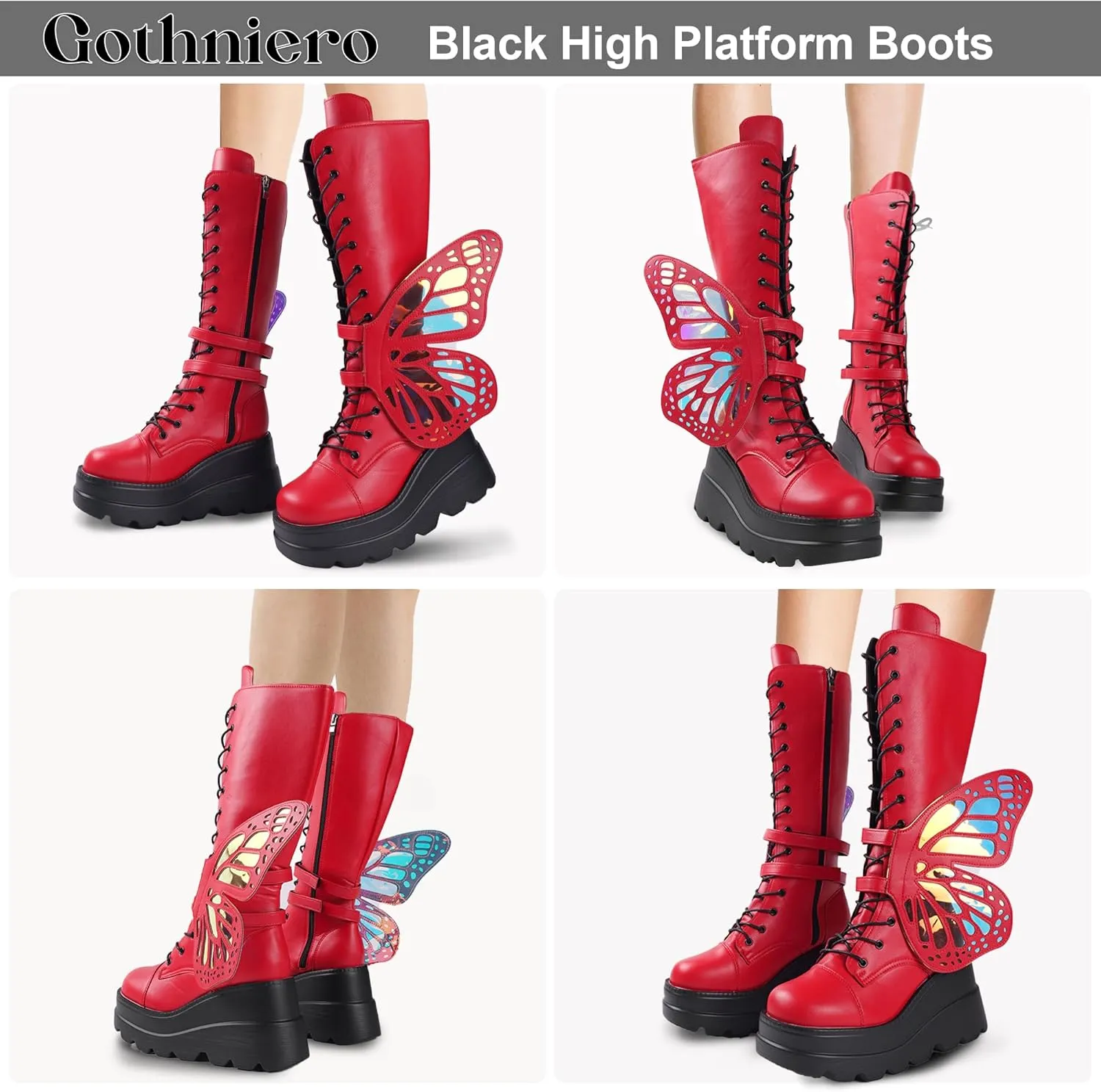 Gothniero High Platform Knee Boots Chunky Heel Wedge Black Boots For Women Combat Goth Punk Motorcycle Booties Zip up With Metal Buckles Size5-11