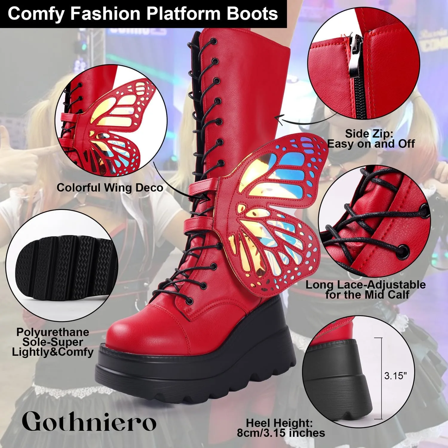 Gothniero High Platform Knee Boots Chunky Heel Wedge Black Boots For Women Combat Goth Punk Motorcycle Booties Zip up With Metal Buckles Size5-11